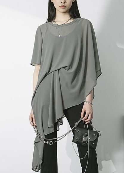 Royal Blue Asymmetrical Chiffon Shirt Short Sleeve