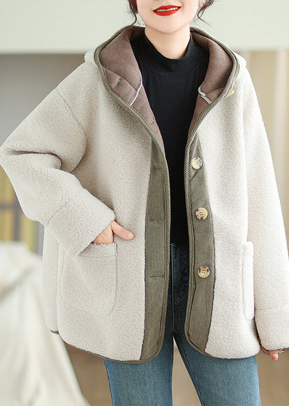Apricot Hooded Pockets Patchwork Faux Fur Warm Fleece Coat Winter
