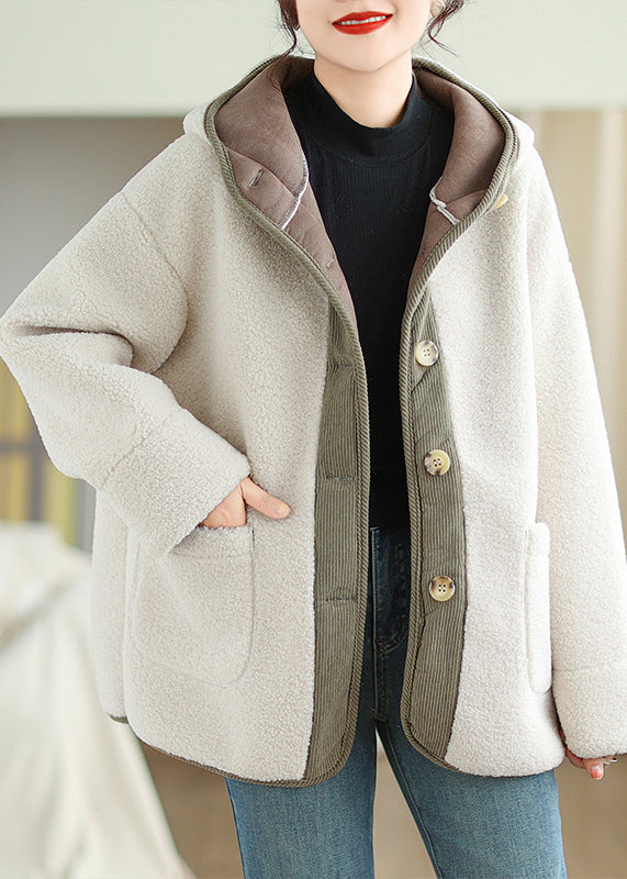 Apricot Hooded Pockets Patchwork Faux Fur Warm Fleece Coat Winter