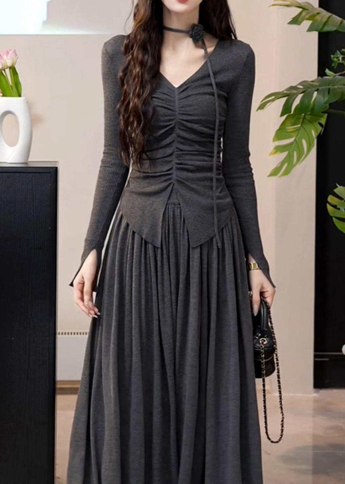 Modern Grey V Neck Wrinkled Top and a Line Skirts Two Pieces Set Winter