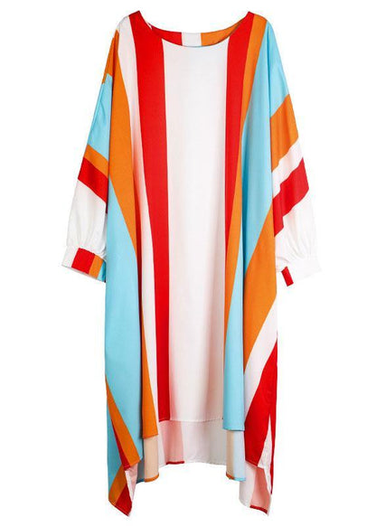 Red Striped O-neck Asymmetrical Design Summer Long Dress Sleeve