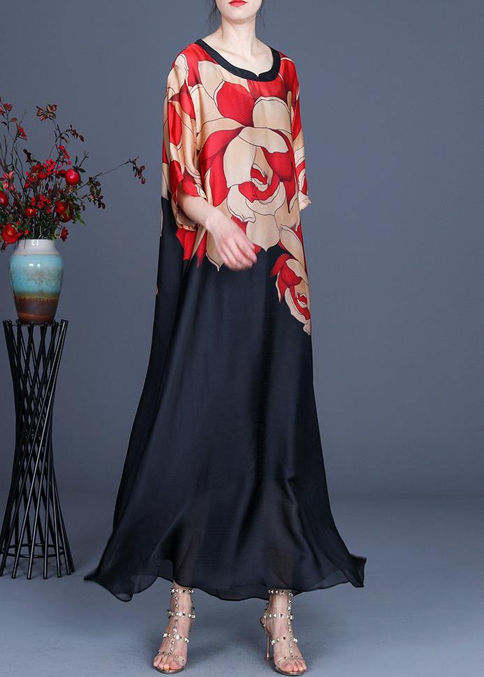Red Print O-neck Chiffon Summer Dress