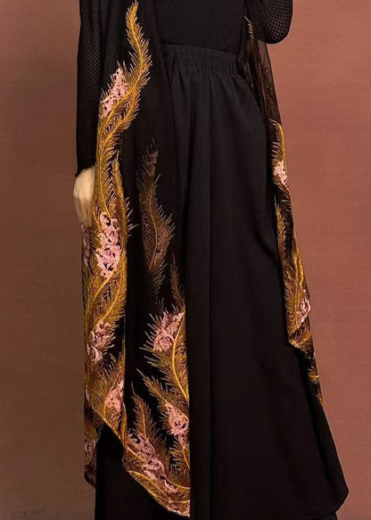 Original Design Black Embroidered Wide Leg Pants Spring
