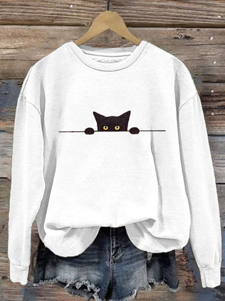 Comstylish Women's Casual Funny Black Cat Print Sweatshirt
