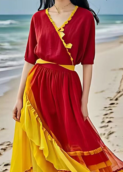 Red Asymmetrical Ruffled Patchwork Chiffon Dress Summer