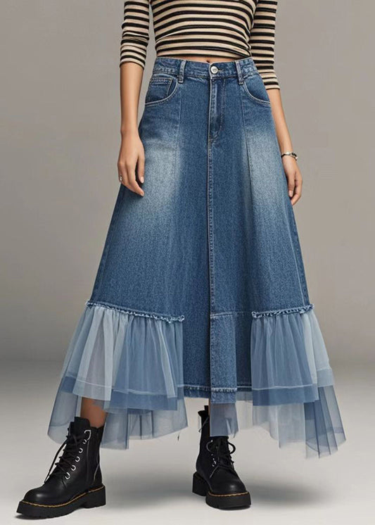 Stylish Blue High Waist Patchwork Tulle Denim a Line Skirts Spring