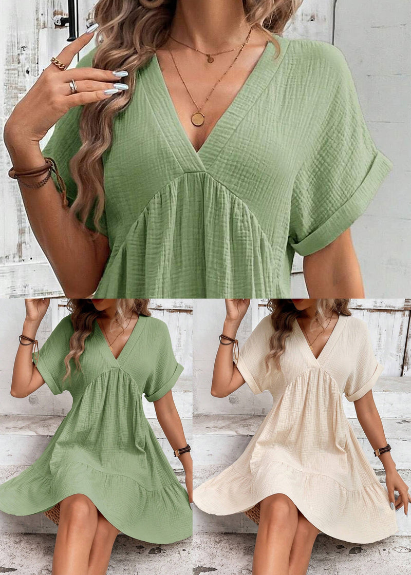 Green V Neck Cotton a Line Dresses Summer