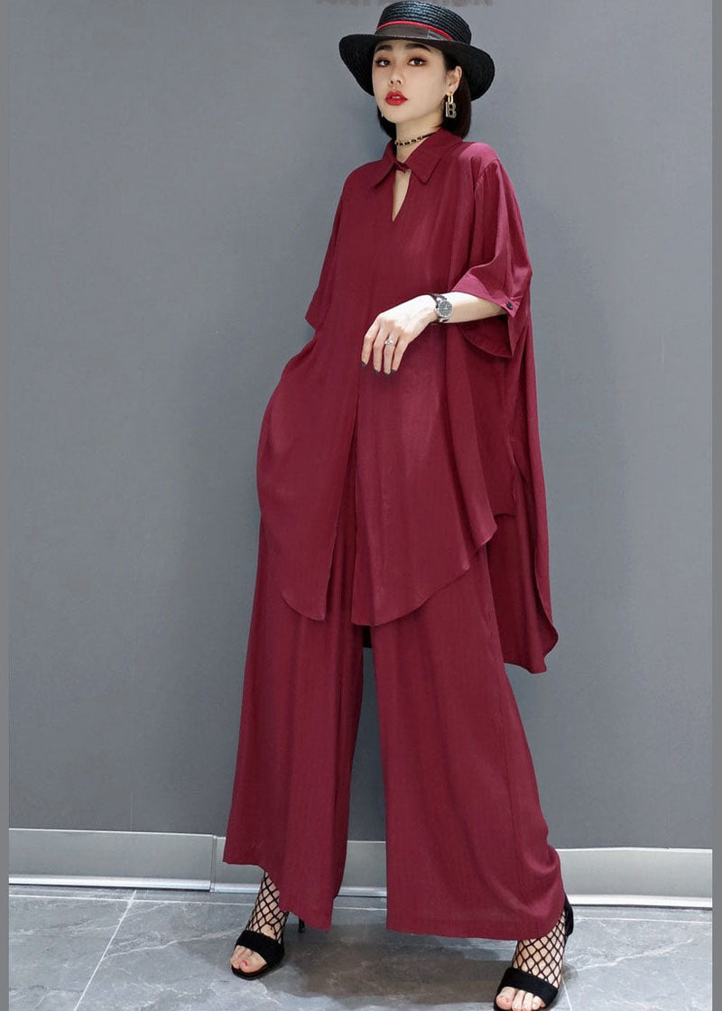 Red Peter Pan Collar Shirt Wide Leg Pants Satin Two Pieces Set Spring