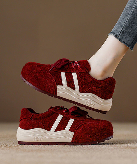 Red Suede Lace Up Splicing Flat Shoes