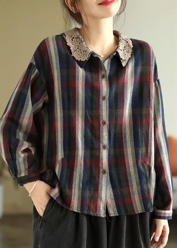 Colorblock Plaid Lace Patchwork Cotton Shirts Spring