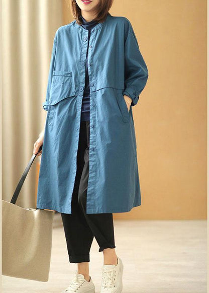 Blue Stand Collar Button Pockets Fall Cotton Coats Long Sleeve