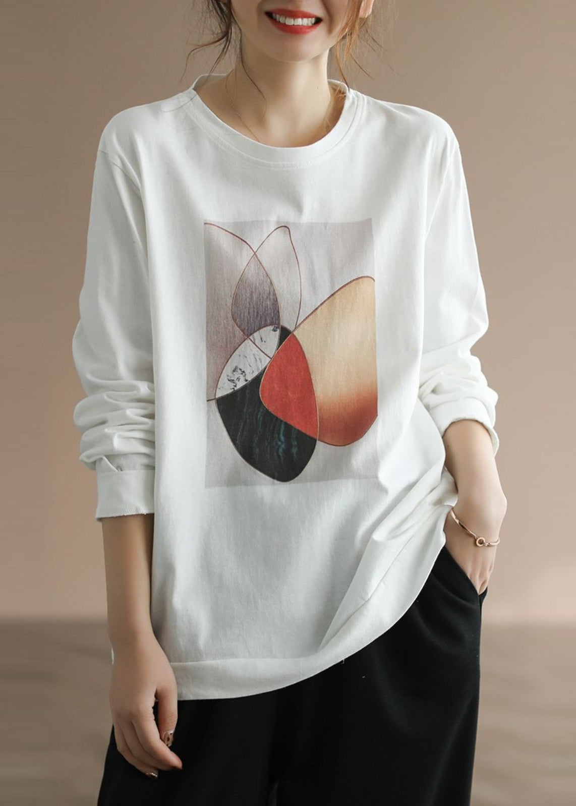 Classy White Oversized Print Cotton Pullover Fall