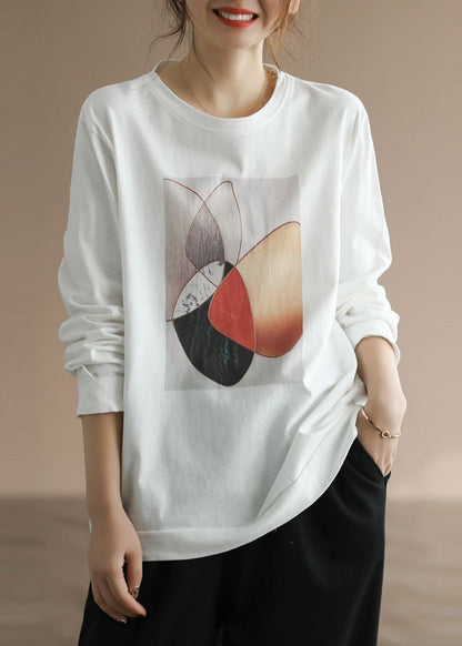 Classy White Oversized Print Cotton Pullover Fall
