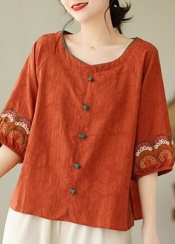 Orange O-neck Button Loose Top Summer