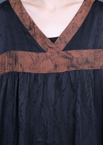 Diy Black Asymmetrical Patchwork Silk Two Pieces Set Half Sleeve
