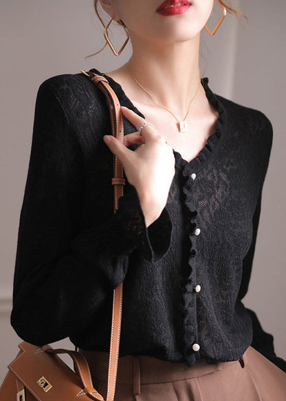 Black V Neck Ruffled Hollow Out Lace Knit Top Flare Sleeve