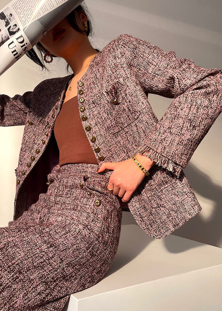 Boutique Light Purple O-neck Tassel Button Cotton Coats and Skirts Two-piece Set Fall