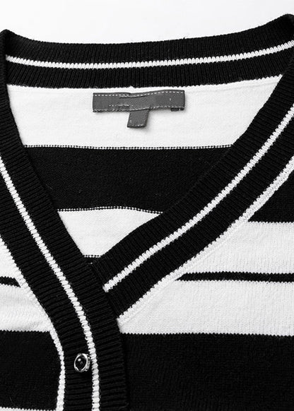 Black White Striped V Neck Cotton Knit Sweater Fall