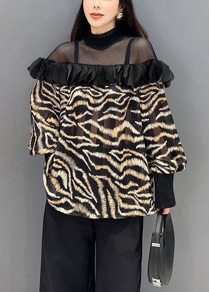 Yellow Leopard Tulle Patchwork Chiffon Top Long Sleeve