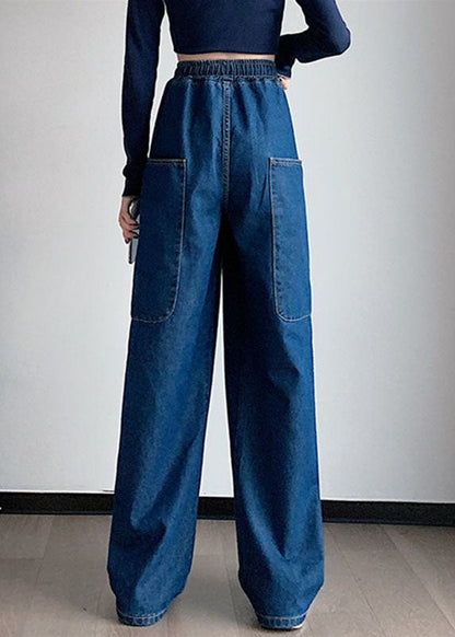 French Navy Elastic Waist Big Pockets Cotton Wide Leg Pants Summer