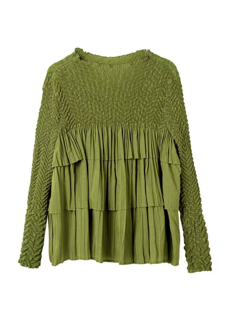 Green O Neck Wrinkled Patchwork Chiffon Top Long Sleeve