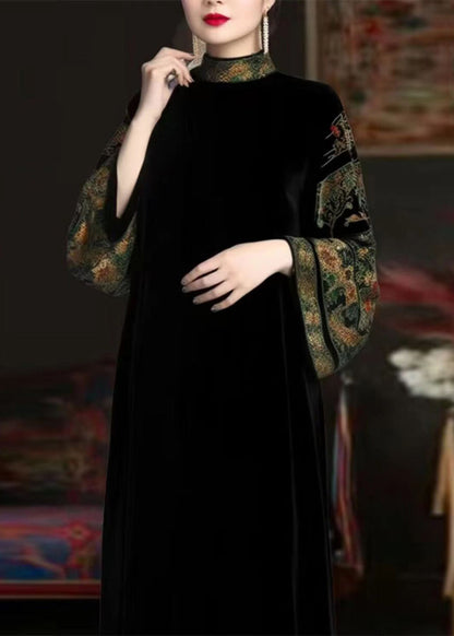 Black Turtleneck Print Patchwork Silk Velour Long Dresses Fall