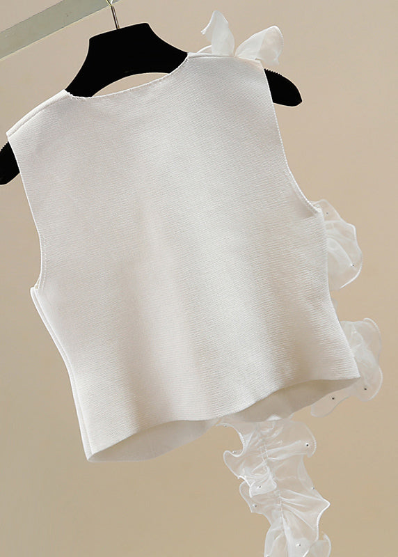 White V Neck Button Tulle Patchwork Cotton Waistcoat Sleeveless