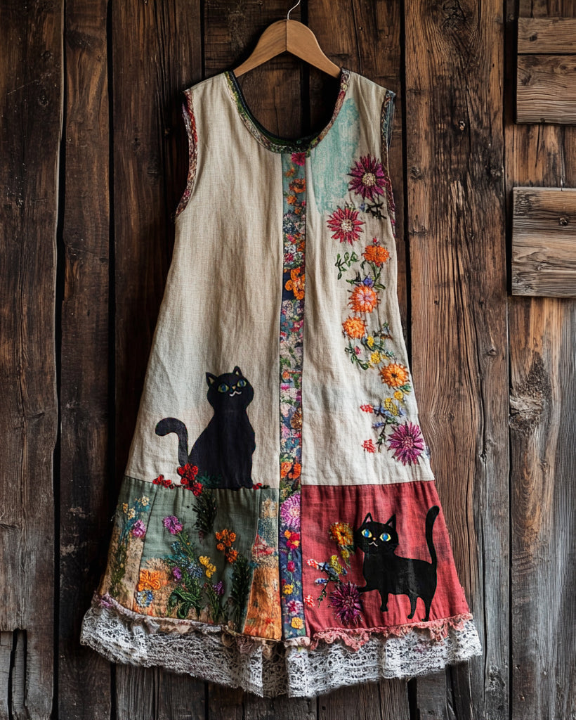 Vintage Cute Black Cat And Patchwork Linen Tank Dress artswardrobe
