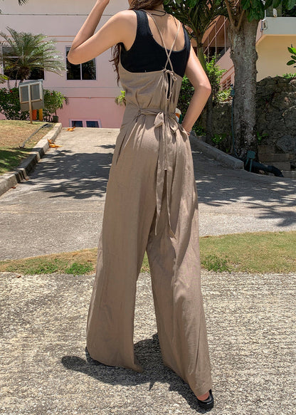 Art Brown Tie Waist Cotton Wide Leg Pant Jumpsuits Summer