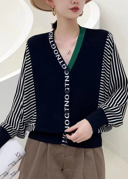 Yellow V Neck Striped Patchwork Button Knit Top Fall