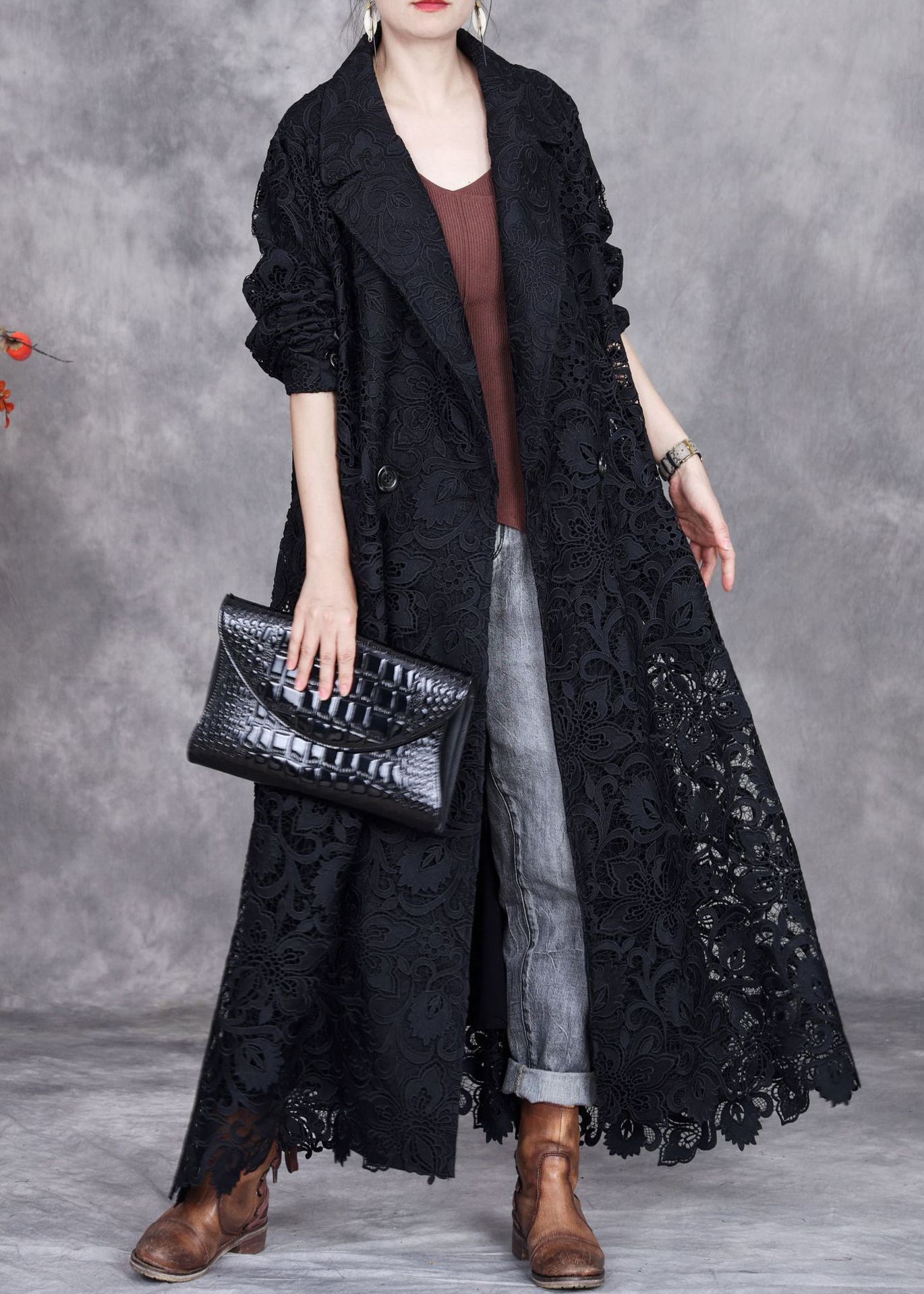 Black Button Lace Trench Coat Peter Pan Collar Fall