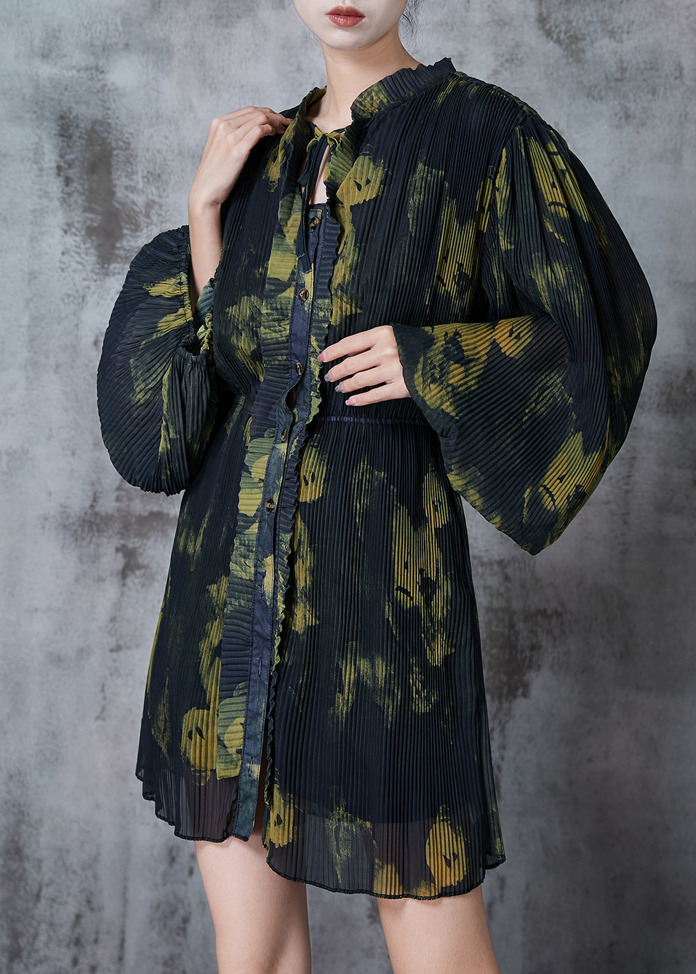 Diy Green Tie Dye Ruffled Chiffon Work Dress Spring