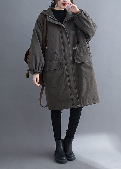 Organic Grey Hooded Zippered Pockets Winter Long Sleeve Coat