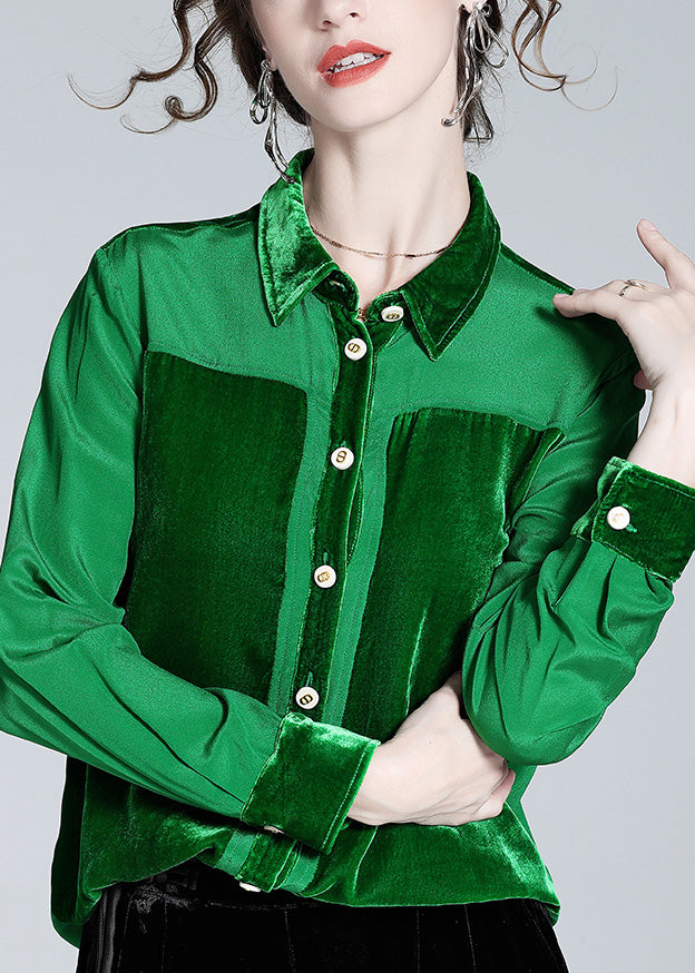 Green Peter Pan Collar Patchwork Button Silk Shirt Long Sleeve