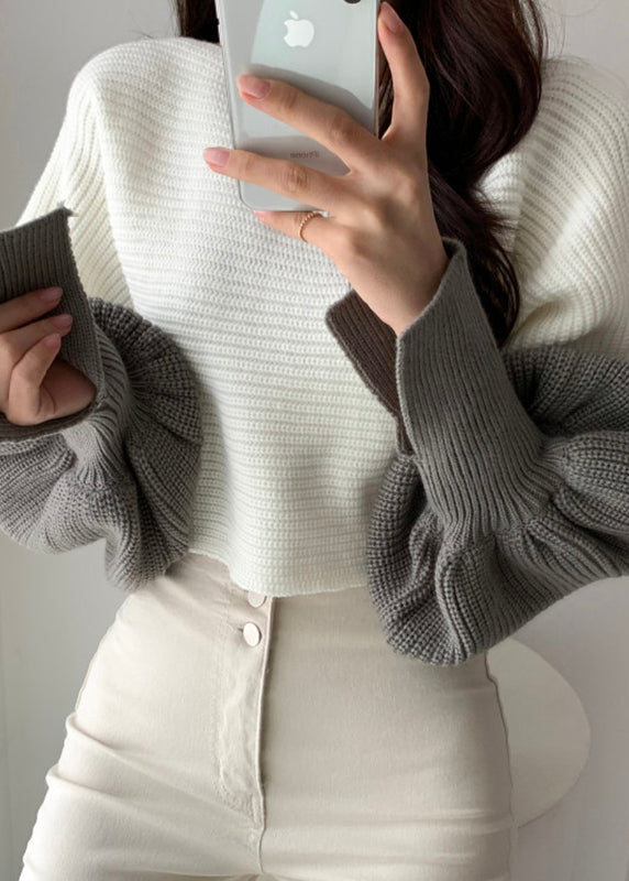 White Slash Neck Knit Short Sweater Tops Batwing Sleeve