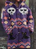 Comstylish Women's Halloween Spooky Cat Embroidery Knitted Cardigan Sweater