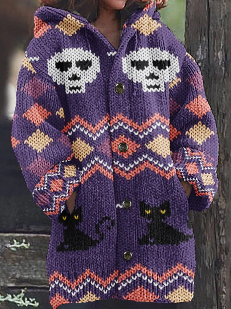 Comstylish Women's Halloween Spooky Cat Embroidery Knitted Cardigan Sweater