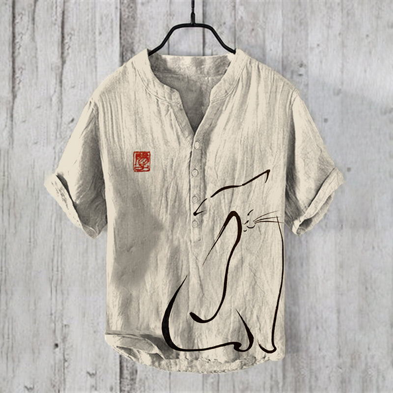 Japanese Ink Painting Of Sumi-e Cats Art Linen Blend Shirt elevenforest