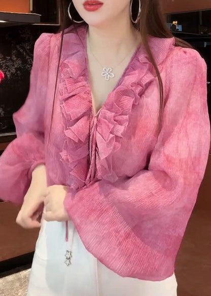 French Pink Tie Lace Top Lantern Sleeve
