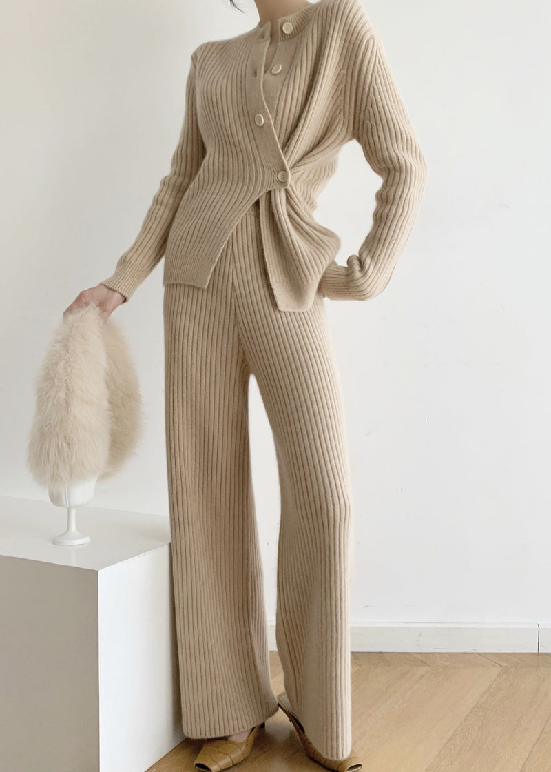 Khaki Asymmetrical Button Patchwork Cotton Knit Two Pieces Set Fall