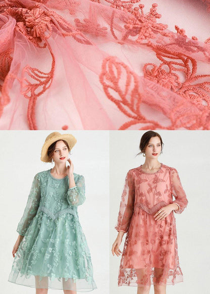 Green O-neck Tulle a Line Fall Lace Long Sleeve Mid Dress