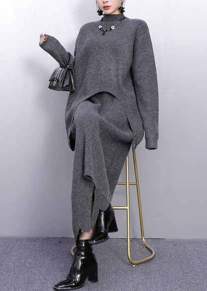 Grey High Neck Side Open Knit Two Pieces Set Winter