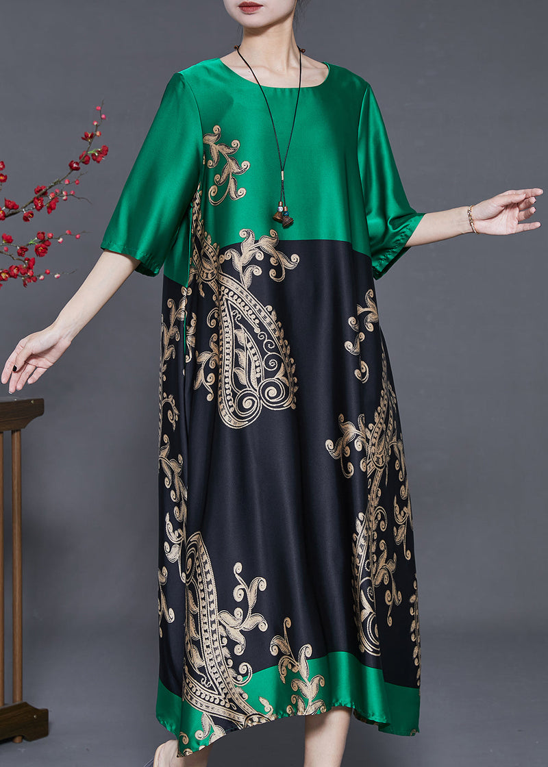 Peacock Green Oversized Patchwork Silk Holiday Dress Summer