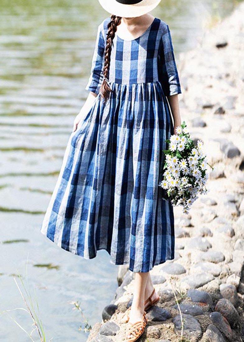 Modern Blue Plaid Asymmetrical Design Holiday Summer Linen Dress