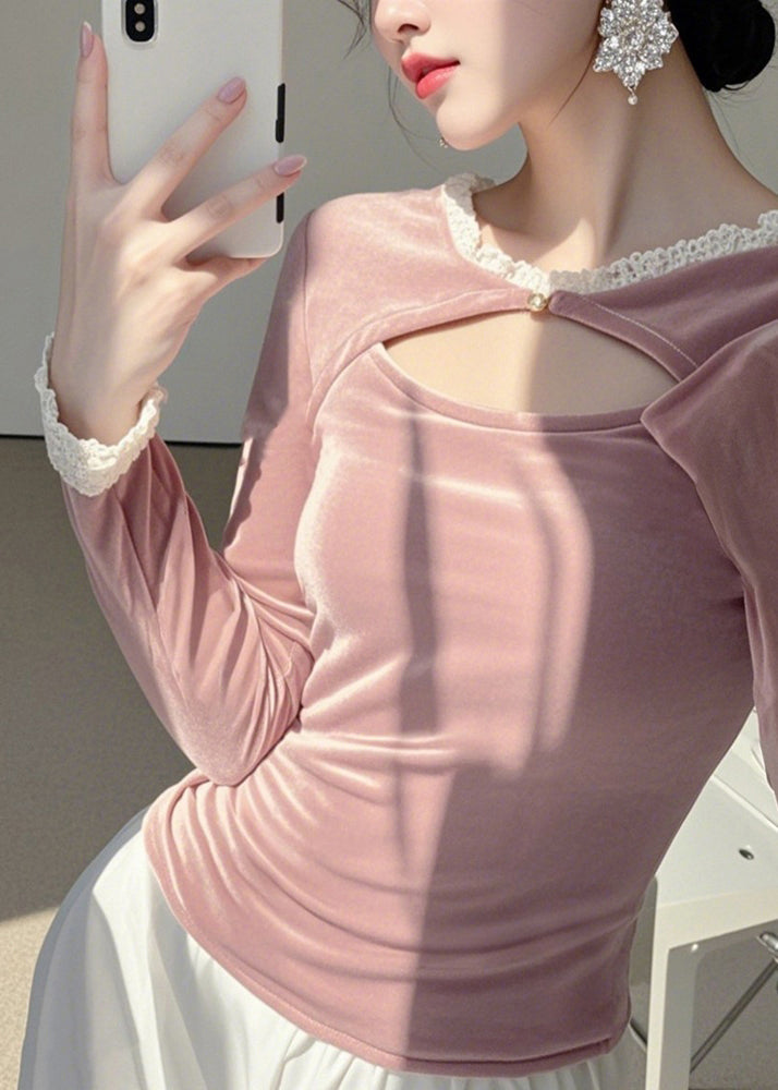Pink O-neck Asymmetrical Silk Velour Tops Spring