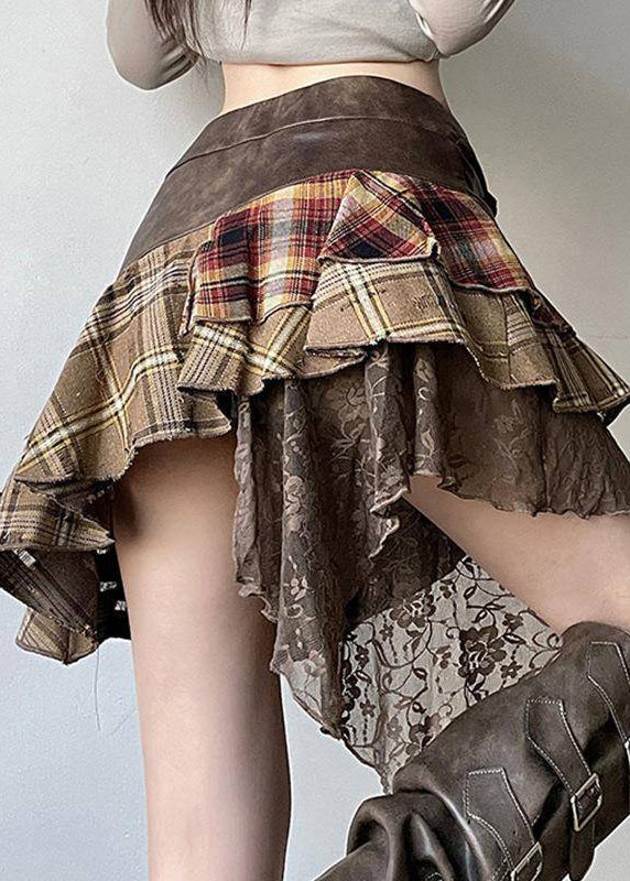 Brown Asymmetrical Lace Faux Leather Patchwork Skirts Summer