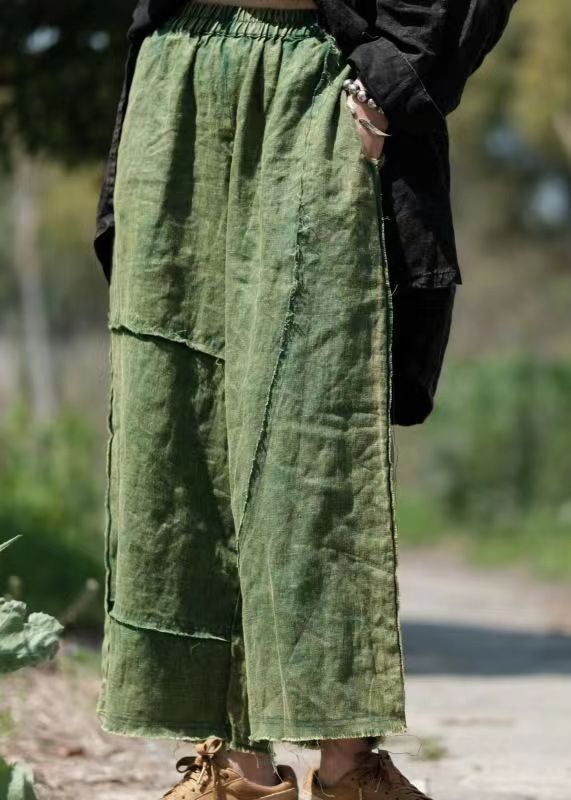 Green Pockets Elastic Waist Linen Crop Pants Summer