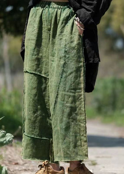 Green Pockets Elastic Waist Linen Crop Pants Summer