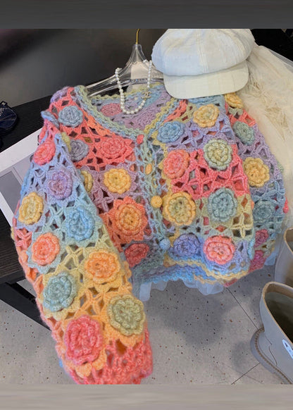 Rainbow V Neck Hollow Out Knit Cardigan Fall