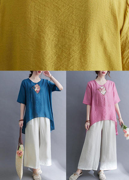 Italian Yellow Embroideried Cotton Linen Top Summer
